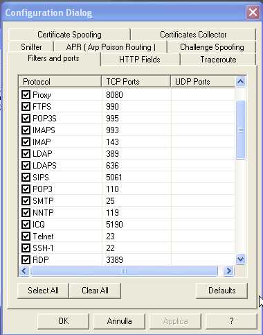 La scheda Filters and ports